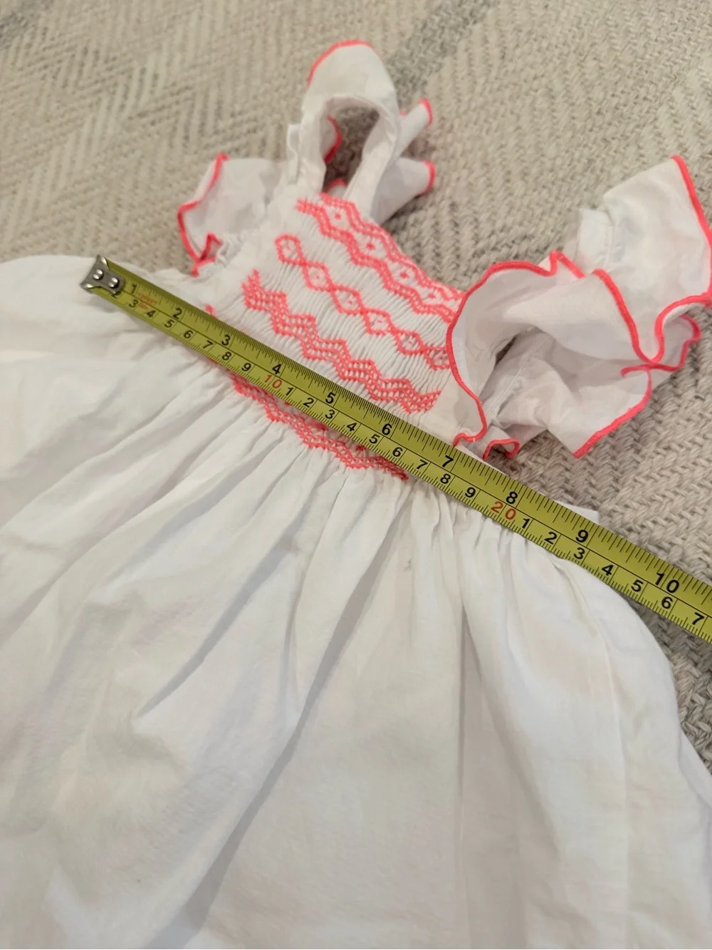 Jacadi Baby 18M Infant White Cotton Dress Neon Pink Smocked and ruffle Sleeves